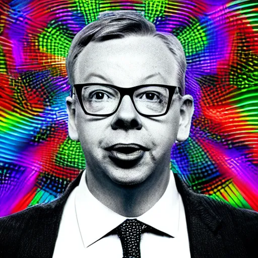 Image similar to A photo of Michael Gove on a magic mushroom trip at the club, disco lights, psychedelic, bokeh