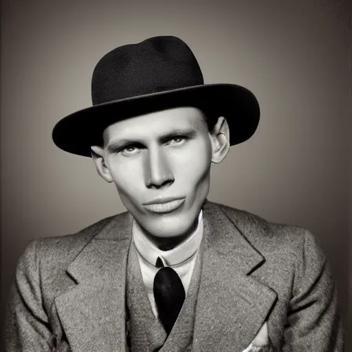 Image similar to a photograph portrait of jerma in the 1 9 3 0 s with slicked back hair and a homburg fedora, taken in the mid 1 9 3 0 s, grainy, taken on a 3 0 s kodak camera, realistic, hyperrealistic, very realistic, highly detailed, very detailed, extremely detailed, detailed, digital art, trending on artstation