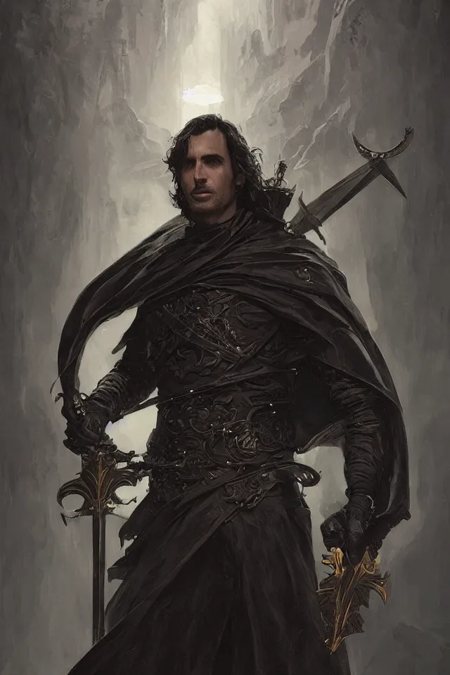 Image similar to the torturer Severian from Book of the New Sun by gene wolfe holds his sword and wears his darkest black cape, D&D, fantasy, intricate, highly detailed, oil painting, artstation, Greg Rutkowski, Artgerm, Alphonse Mucha, WLOP