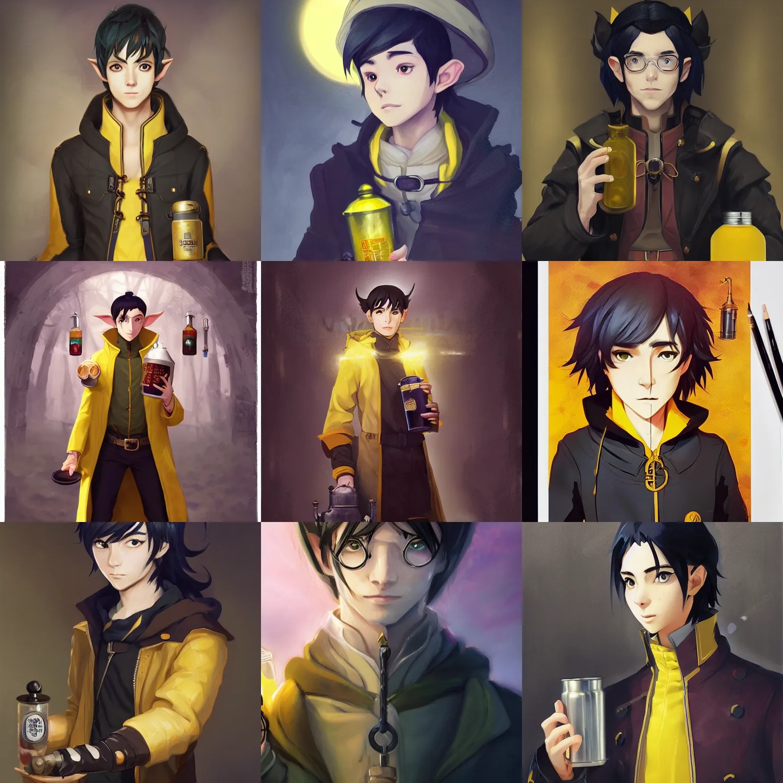 Prompt: portrait of a male elf alchemist with black hair wearing a yellow coat holding a flask, half body, single subject, ambient lighting, highly detailed, digital painting, trending on pixiv fanbox, studio ghibli, extremely high quality artwork, art by ross tran and artgerm and makoto shinkai