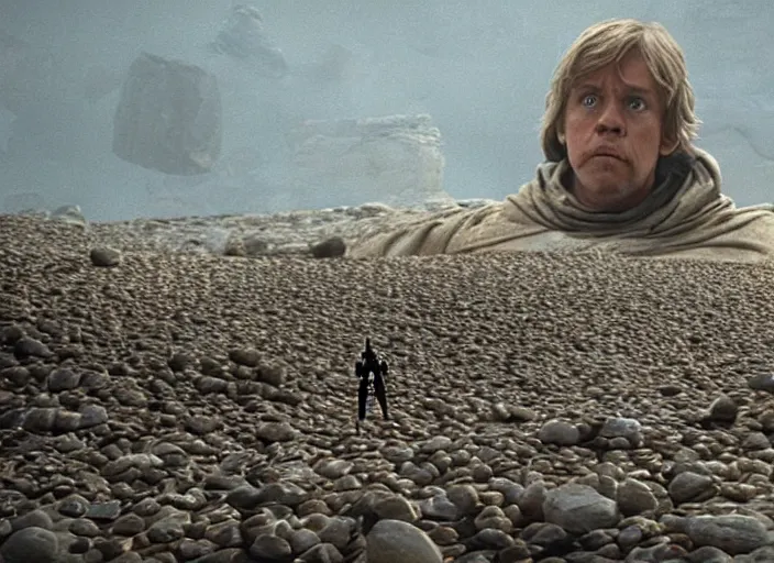 Prompt: epic screenshot from the film of Luke Skywalker, played by Mark Hammill, wearing a gold robe, he is surrounded by hundreds of rocks levitating in the air, outside marble temple, iconic scene from the last jedi, 1980s film directed by Stanley Kubrick, cinematic lighting, kodak, strange, hyper real, stunning moody cinematography, with anamorphic lenses, crisp, detailed portrait, 4k image