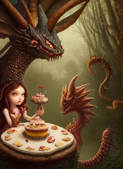 Prompt: highly detailed closeup portrait of a fairytale dragon eating cakes, unreal engine, nicoletta ceccoli, mark ryden, earl norem, lostfish, hyung tae, frank frazetta, global illumination, detailed and intricate environment