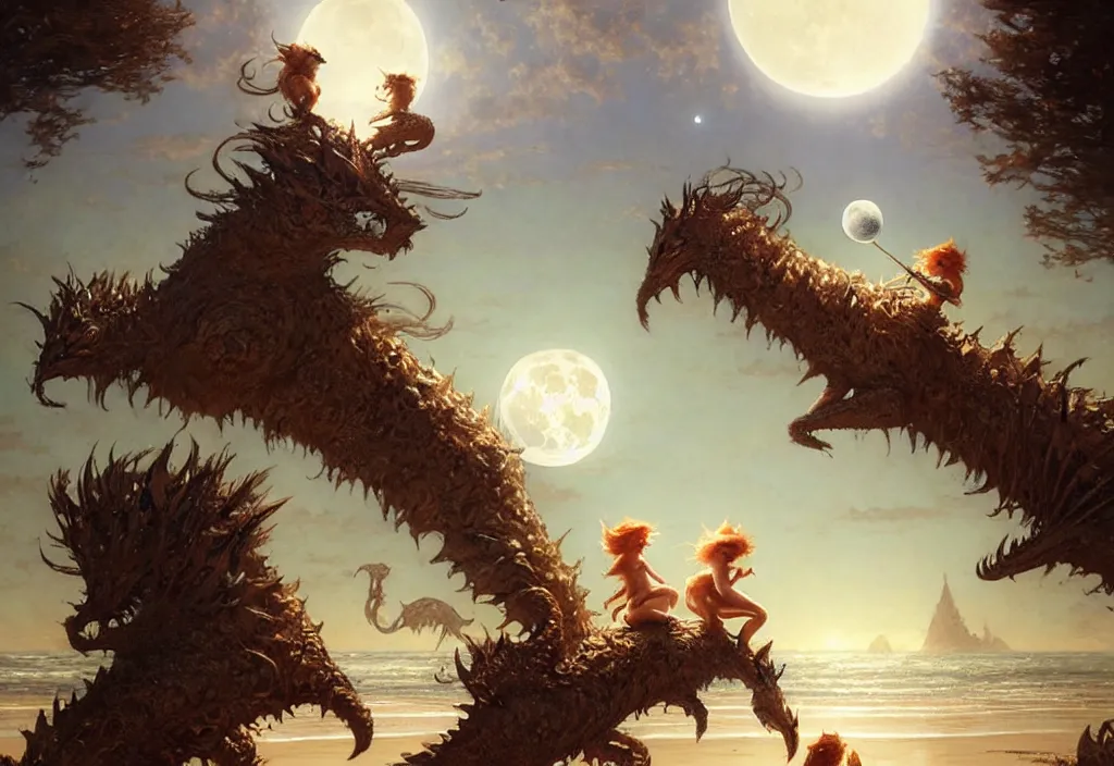 Image similar to cute fantasy critters at the beach looking at the moon, ultra realistic, concept art, intricate details, highly detailed by greg rutkowski, gaston bussiere, craig mullins, simon bisley