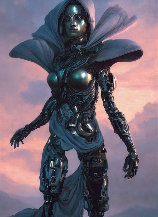Image similar to portrait of a diabolical beautiful female cyborg girl, cloak cape, adaptive armor, dynamic pose, heavy eyes to the side, ancient ruins, glowing veins subsurface scattering, in clouds, sunset, portrait, by gerald brom, by mikhail vrubel, by peter elson, muted colors, extreme detail, reflections, trending on artstation, 8 k