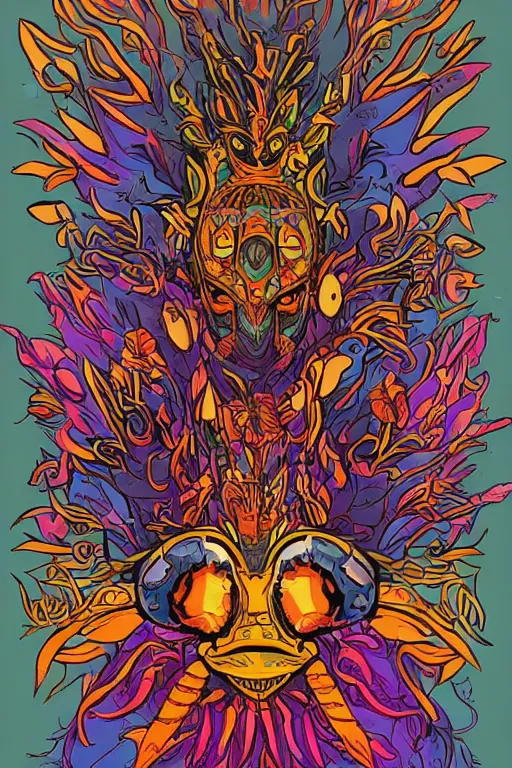 Image similar to animal mask totem roots flower tribal feather gemstone plant wood rock shaman vodoo video game vector cutout illustration vivid multicolor borderlands comics by josan gonzales and dan mumford radiating a glowing aura