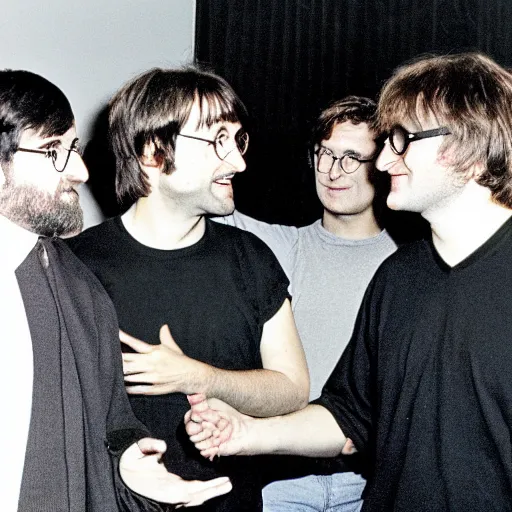 Image similar to steve jobs, harry potter, john lennon, and gabe newell meeting each other, photograph