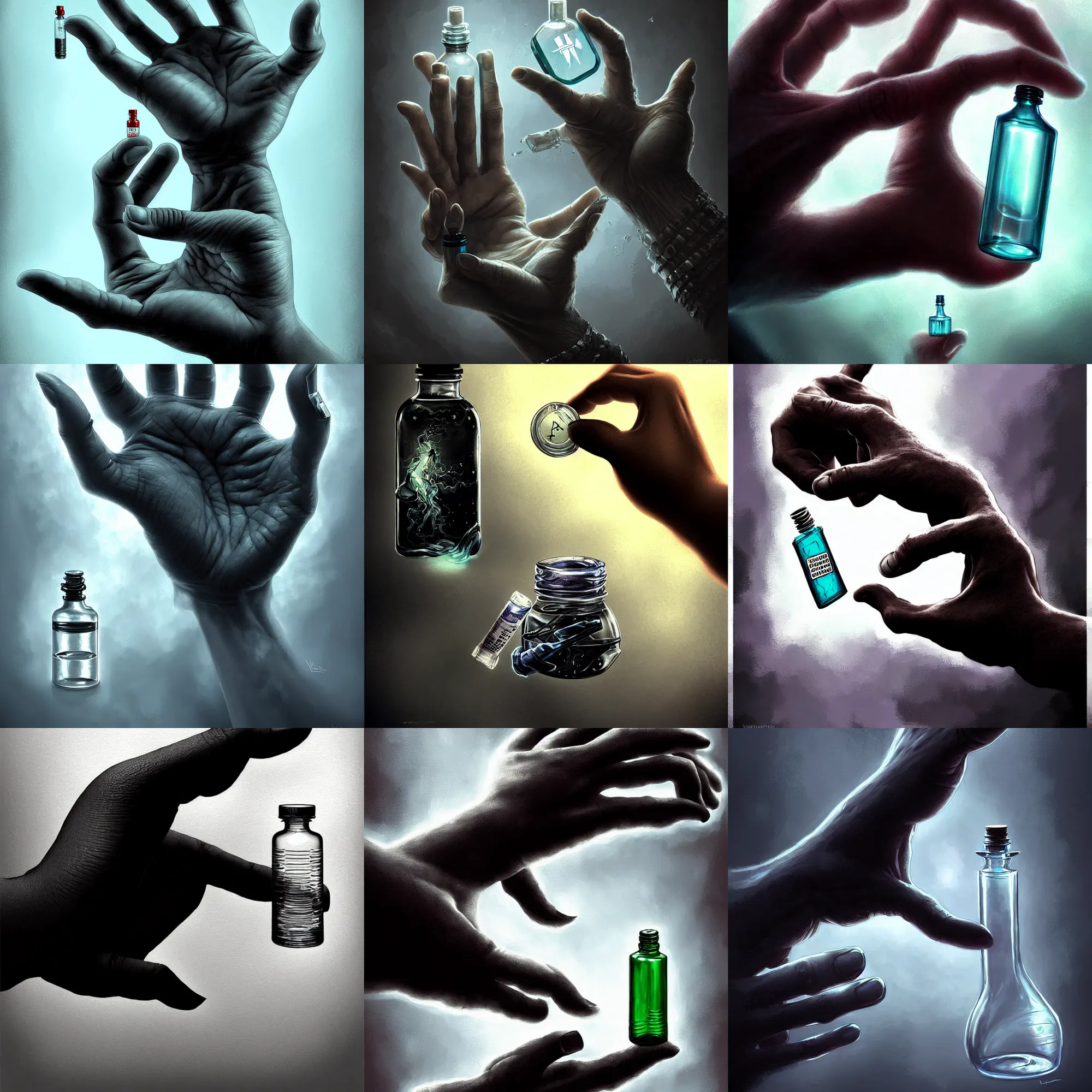 Prompt: detailed digital art of a normal hand holding a single tiny unlabeled clear medicine bottle half-full of mysterious black liquid; magic the gathering art by Volkan Baga, rk post, Lindsey Look, artstation