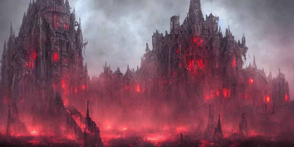 Prompt: grimdark chaos fortress, ruined, terrifying architecture, looming, dark, fog, atmospheric red lighting, flying chaos creatures, dark souls, hyperrealistic, artstation