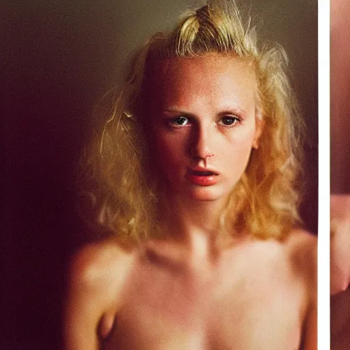 Image similar to realistic photoshoot for a new nike lookbook, color film photography, portrait of a beautiful blonde woman, in style of nan goldin, 35mm