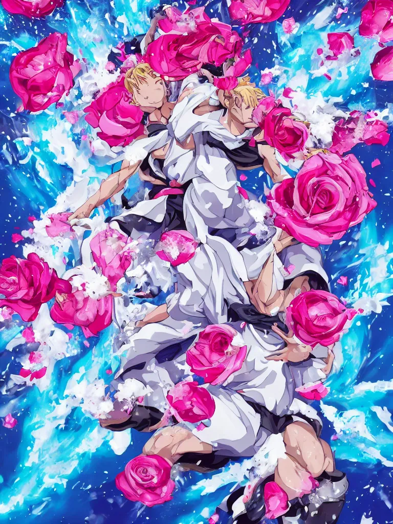 Prompt: hadoken force ball of white and pink roses, flowers exploding and splattering, blue sky, big puffy clouds, spraypaint, totem 2, exploding roses, hodouken, large rose petals, lotus petals, large triangular shapes, studio ghibli anime, radiant lighting, artgerm, manga, trending on artstation, art nouveau, mature colors