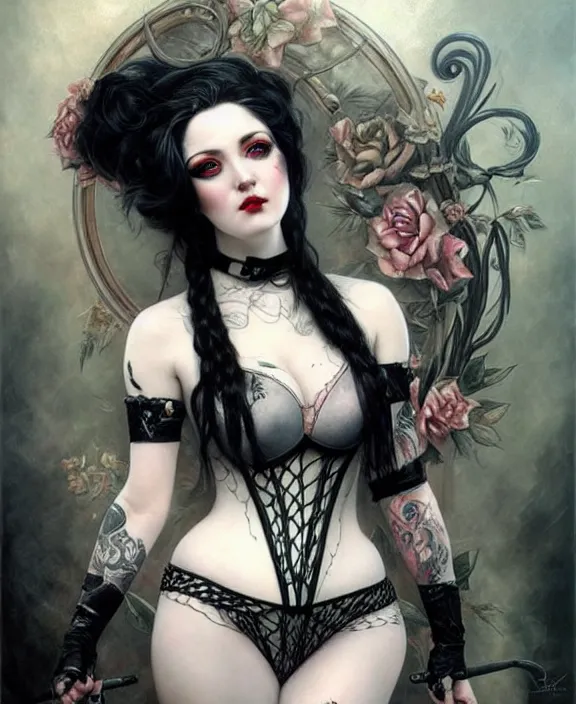 Image similar to two beautiful pale skin cosplay girls, gray eyes, black hair, fully tattooed body, fishnet corset with choker, symmetrical, beautiful detailed face, masterpiece, paint by karol bak