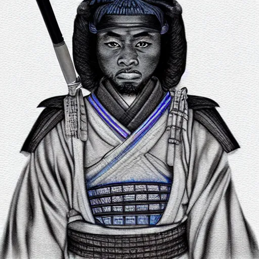 Image similar to oscar ukonu, beautiful samurai made with blue african ball point pen