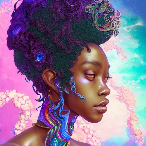 Prompt: the portrait of an absurdly beautiful, graceful, elegant, gorgeous, sensual black young anime goddess made of rainbow crystals, an ultrafine hyperdetailed illustration by kim jung gi, irakli nadar, incredibly intricate linework, bright colors, octopath traveler, final fantasy, unreal engine 5 highly rendered, global illumination, radiant light, intricate environment, 8 k
