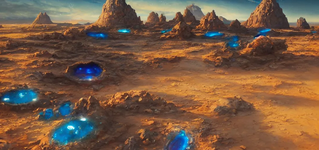 Prompt: a sparkling blue desert with streams of coloured sand glittering with alien rock formations, artstation 3 d, oil painting, vast, epic composistion