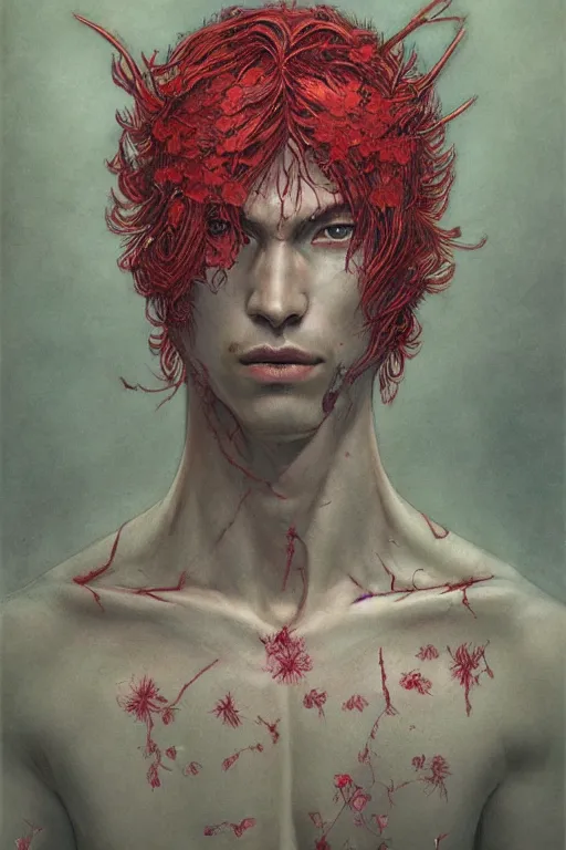 Prompt: portrait of beautiful young man, warhammer, japanic style, cyberpunk, a lot of scars, more and more flowers, red head, the middle ages, highly detailed, artstation, illustration, art by jean delville, 8 k quality