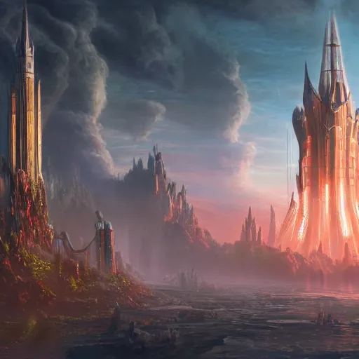 Image similar to beautiful illustration of a beautiful painted of the two towers, science fiction, 4 k detailed, crystal lighting, highly detailed, hyperrealistic, unreal engine