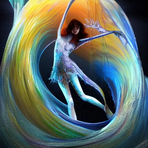 Prompt: A stunning young ethereal figure, delicately positioned and entwined in vibrant fluid hues, is being drawn into a blackhole, Fantasy, hyperrealism, 4k, volumetric lighting, three dimensions, a digitally transformed world, user interface design, 3D modeling, artstation, illustration, and transportation design. art by Andrew Chiampo, Frederik Heyman and Jonathan Zawada, 4k