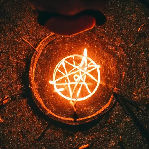 Image similar to ancient demon summoning, magic, shot from drone, witchcraft, night, bright candles, circle