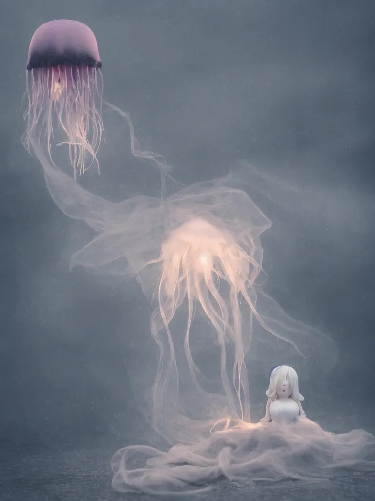 Image similar to cute fumo plush beautiful ectoplasmic gothic skeletal jellyfish ghost girl, glowing milky wisps of hazy smoke and volumetric fog on a stormy reflective river in the rain, lens flare, subsurface scattering, vignette, asymmetry, bokeh, refraction, vray