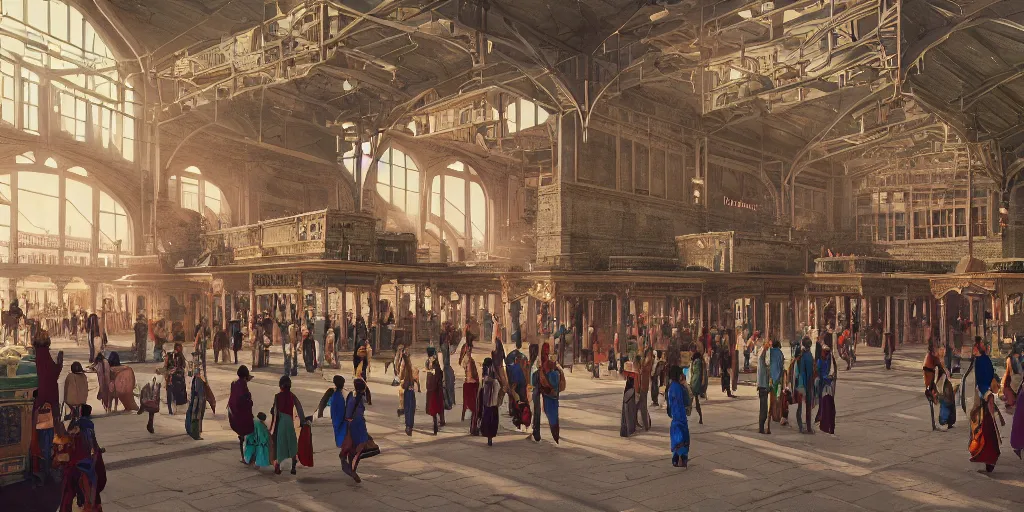 Image similar to cinematic movie scene, establishing shot, precise architectural rendering, interior of british era india railway station, bustling with people and, emerald, crystalline, detailed illustration, sharp focus, concept art, unreal engine, octane render, god rays, aesthetic