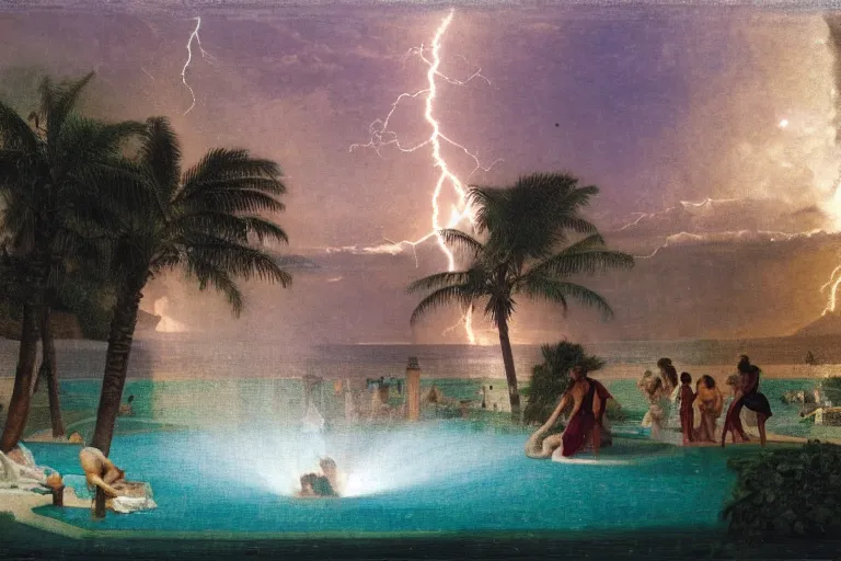 Image similar to mediterranean balustrade and columns, refracted lightnings on the ocean, thunderstorm, greek pool, beach and Tropical vegetation on the background major arcana sky and occult symbols, by paul delaroche, hyperrealistic 4k uhd, award-winning, very detailed paradise