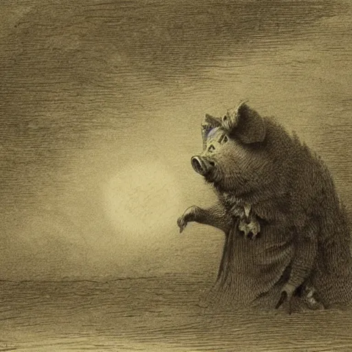 Image similar to pig, tuxedo, illustration by Gustave Doré, high detail, eerie, creepy, dark, night, misty, moon, chiaroscuro, film noir