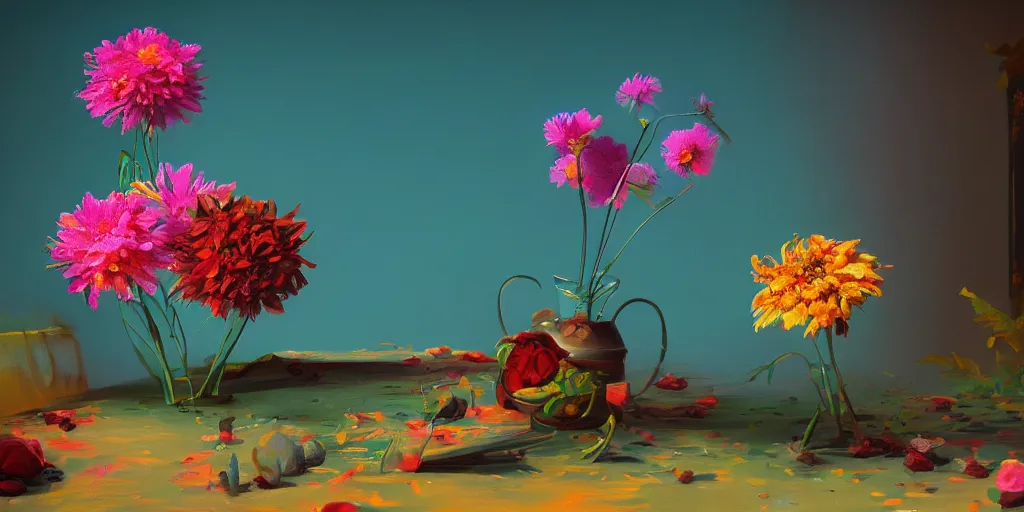 Image similar to retro painting of surreal waiim flowers, by anatol petrytsky, highly detailed, hyperrealism, excellent composition, cinematic concept art, dramatic lighting, trending on artstation