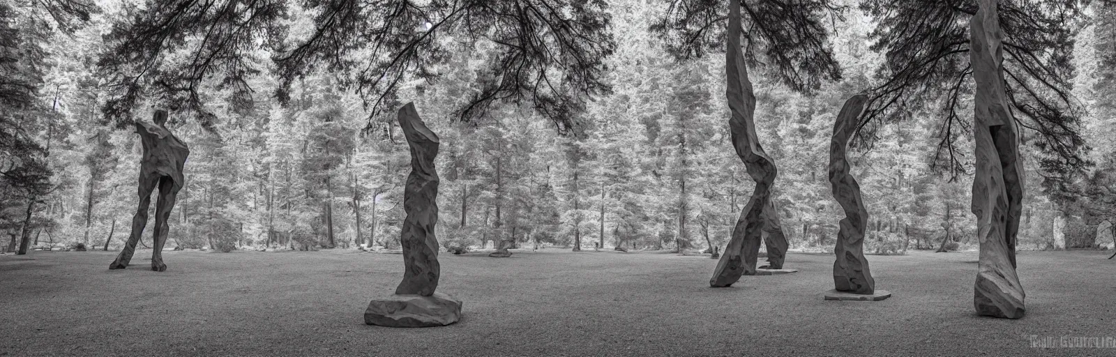 Image similar to to fathom hell or soar angelic, just take a pinch of psychedelic, medium format photograph of two colossal minimalistic necktie sculpture installations by antony gormley and anthony caro in yosemite national park, made from iron, marble, and limestone, granite peaks visible in the background, taken in the night