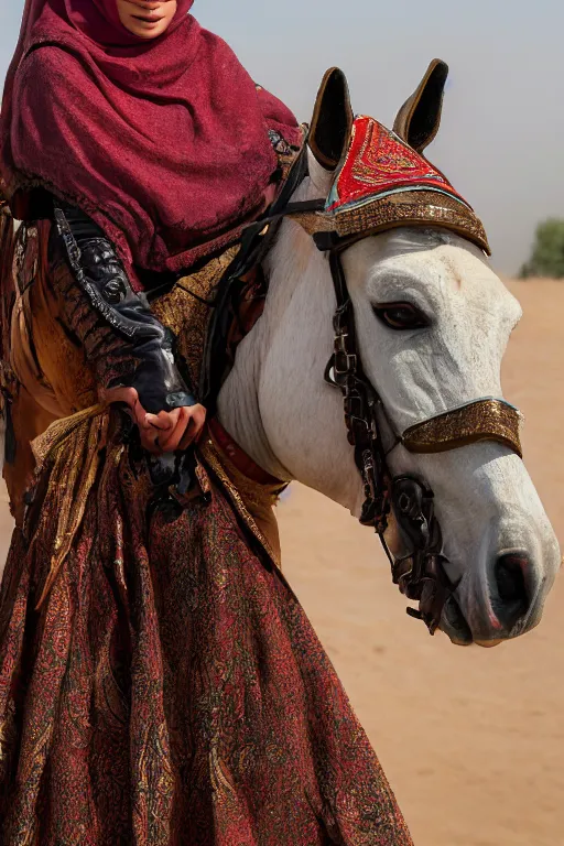 Image similar to hyperrealistic portrait from middle eastern burqa woman riding horse, super highly detail, accurate boroque, without duplication content, white border frame, medium close up shot, justify content center, symmetrical, incrinate, cinematic, dust.