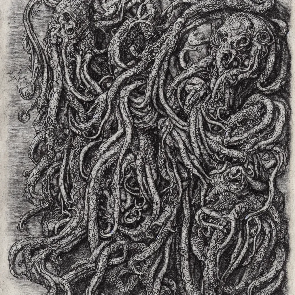 Image similar to portrait of cthulhu, dark atmosphere, faded out colors, highly detailed muted colors, highly detailed illustration by albrecht durer, fine art sketch