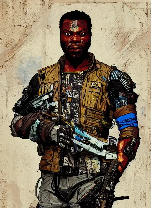 Prompt: chidi igwe. cyberpunk mercenary in combat vest. portrait illustration, pop art, splash painting, art by geof darrow, ashley wood, alphonse mucha, makoto shinkai