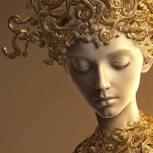 Prompt: Ultra detailed beautiful 3d render of a marble statue, beautiful woman face, long shiny hair, symmetrical composition, macro, intricate thin details in gold, crown made of fantasy flowers and leaves, fractal vines, octane render, 8k, high quality, volumetric lighting, color grading, trending on art station, by James Jean and WLOP and Victo Ngai and Craig Mullins