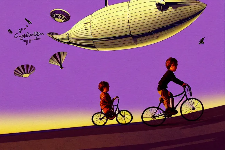 Prompt: kid rides a bicycle waving good bye to the airship at sunset, in the style of otto eckmann, intricate and epic composition, purple by caravaggio, insanely quality, highly detailed, masterpiece, purple light, artstation, 4 k