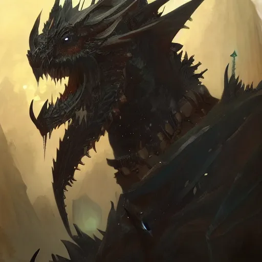 Image similar to digital art painting of and an anthropomorphic black dragon wearing armored wizard robes, dnd portrait painted by craig mullins and gaston bussiere and greg rutkowski