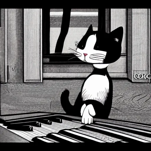 Prompt: cute cartoon cat playing the piano, style of moebius, james jean, mcbess, cinematic, highly detailed, award winning, 8 k photorealistic