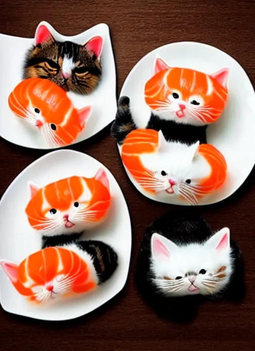 Image similar to clear photorealistic picture of adorable cats made out of sushi