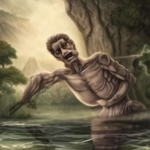 Image similar to handsome frankenstein in the lake, soft shading, fantasy illustration, gentle monster, beautiful monster