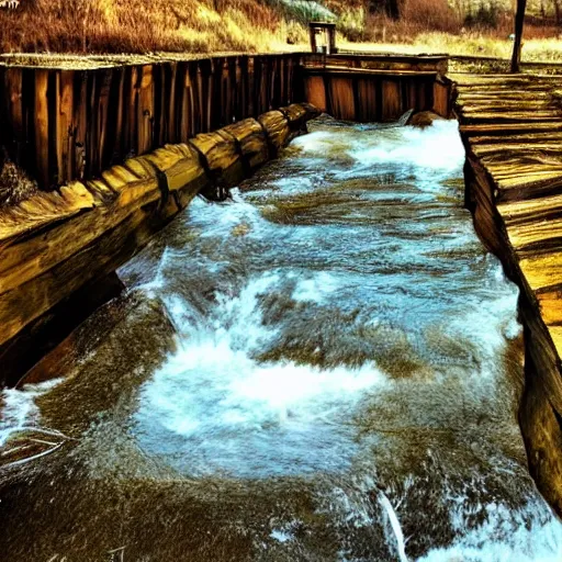 Image similar to old wooden gold sluice, beautiful view, artistic look, high details, water flowing