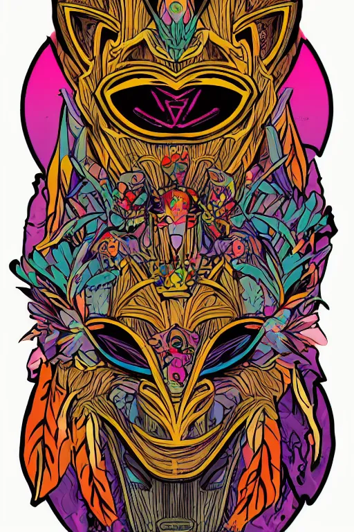 Image similar to animal mask totem roots flower tribal feather gemstone plant wood rock shaman vodoo video game vector cutout illustration vivid multicolor borderlands comics by josan gonzales and dan mumford radiating a glowing aura