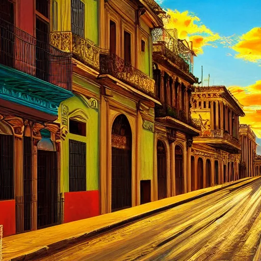 Image similar to Neo-Baroque painting of streets of Havana, Cuba, beautiful, diverse, golden hour