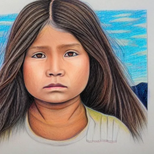 Image similar to a beautiful first nation girl, ultra detailed colored pencil drawing in style bellerose and desjarlais,