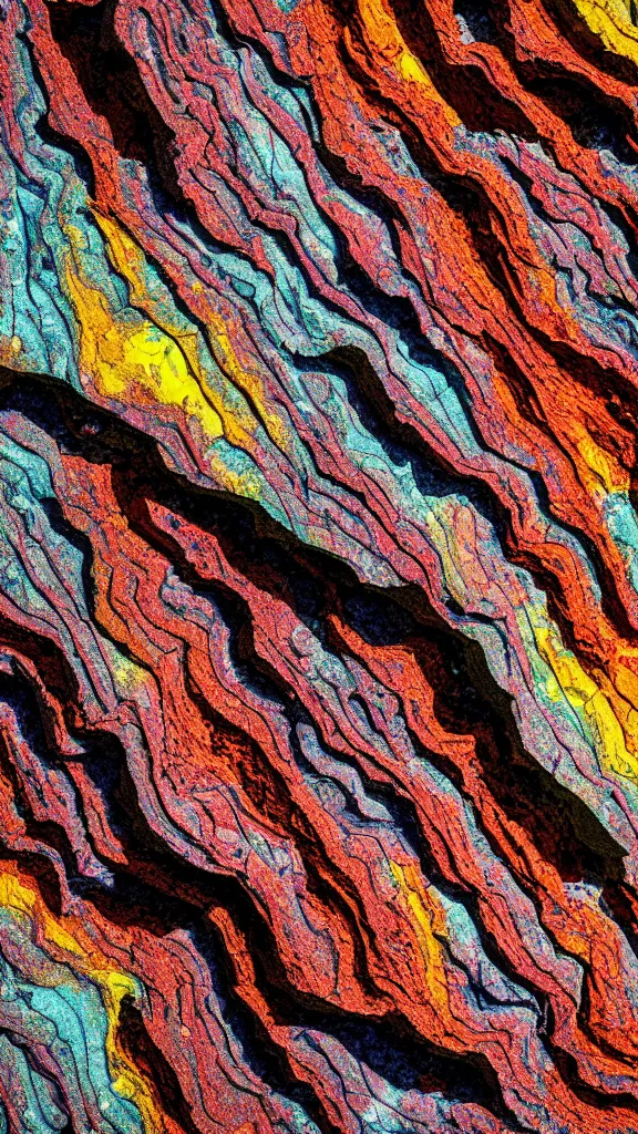 Image similar to vivid color, folded, tessellated planes of rock, alien sedimentary schematic, igneous rock, marbled veins, macro photography, 3D!!! diorama, depth of field with layers of strata, mineral grains, dramatic lighting, rock texture, sand by James jean, geology, octane render in the style of Luis García Mozos