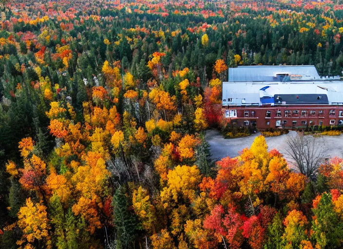 Prompt: low drone shot of a ranch style School in the middle of the Woods during autumn