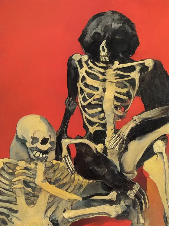 Prompt: A skeletal bear next to a seated figure by Francisco Goya and Francis Bacon, vibrant red background, mythological painting, oil painting, triadic color scheme, very coherent, James Jean painting