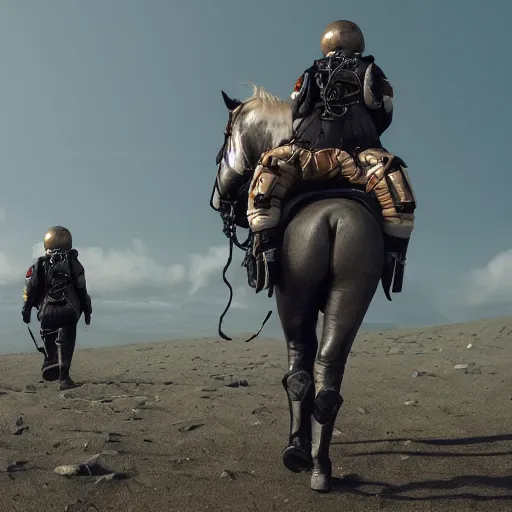 Image similar to death stranding game, a horse riding an astronaut, an astronaut carries a horse on his back. the horse is above all, an astronaut carries a horse on his back, games lag, lag in the game, unreal engine 5, artstationhd, 4 k, 8 k, 3 d render, 3 d houdini, cinema 4 d, octane,