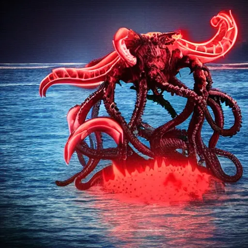 Image similar to a demonic kraken with glowing red eyes eating a battle ship