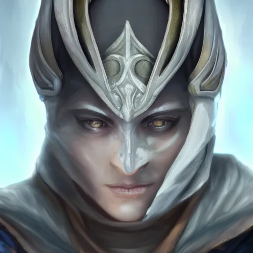 Prompt: a hyper realistic and detailed portrait of zum the planeswalker wearing a full face white marble mask, focus on face, mystic, mysterious, merchant collector, 8k, no skin, black eyes, trending on artstation, masterpiece