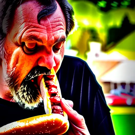 Prompt: slavoj zizec eating a hot dog, hdr, close - up, cinematic