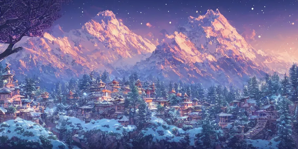 Prompt: the aesthetic view of the beautiful, grand, wistful, dreamy snowcapped mountain at dusk, hyperrealistic anime illustration by iralki nadar, colorful, extremely detailed, intricate linework, super sharp focus, bright colors, octopath traveler, studio ghibli, unreal engine 5 highly rendered, global illumination, radiant light, detailed and intricate environment