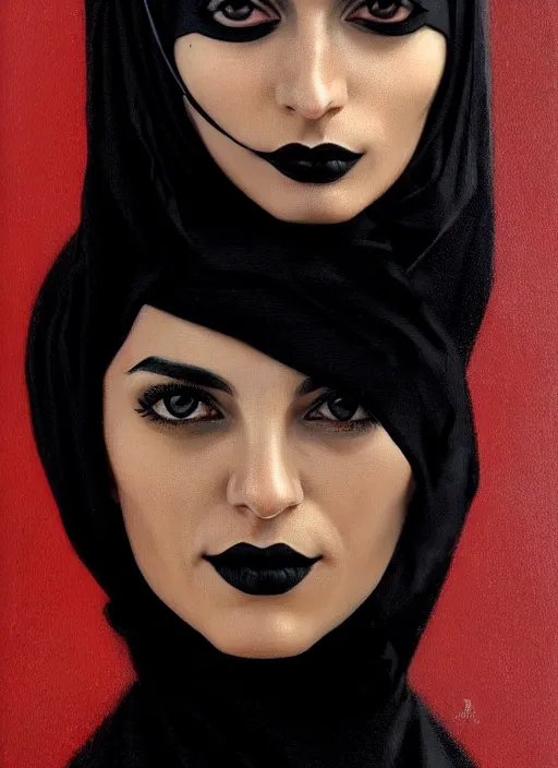 Image similar to portrait of an arab woman with a crooked nose and a confident expression, 1 9 6 0 s, black clothes, goth, punk, funk, intricate, elegant, highly detailed, digital painting, artstation, concept art, smooth, sharp focus, illustration, art by wlop, mars ravelo and greg rutkowski